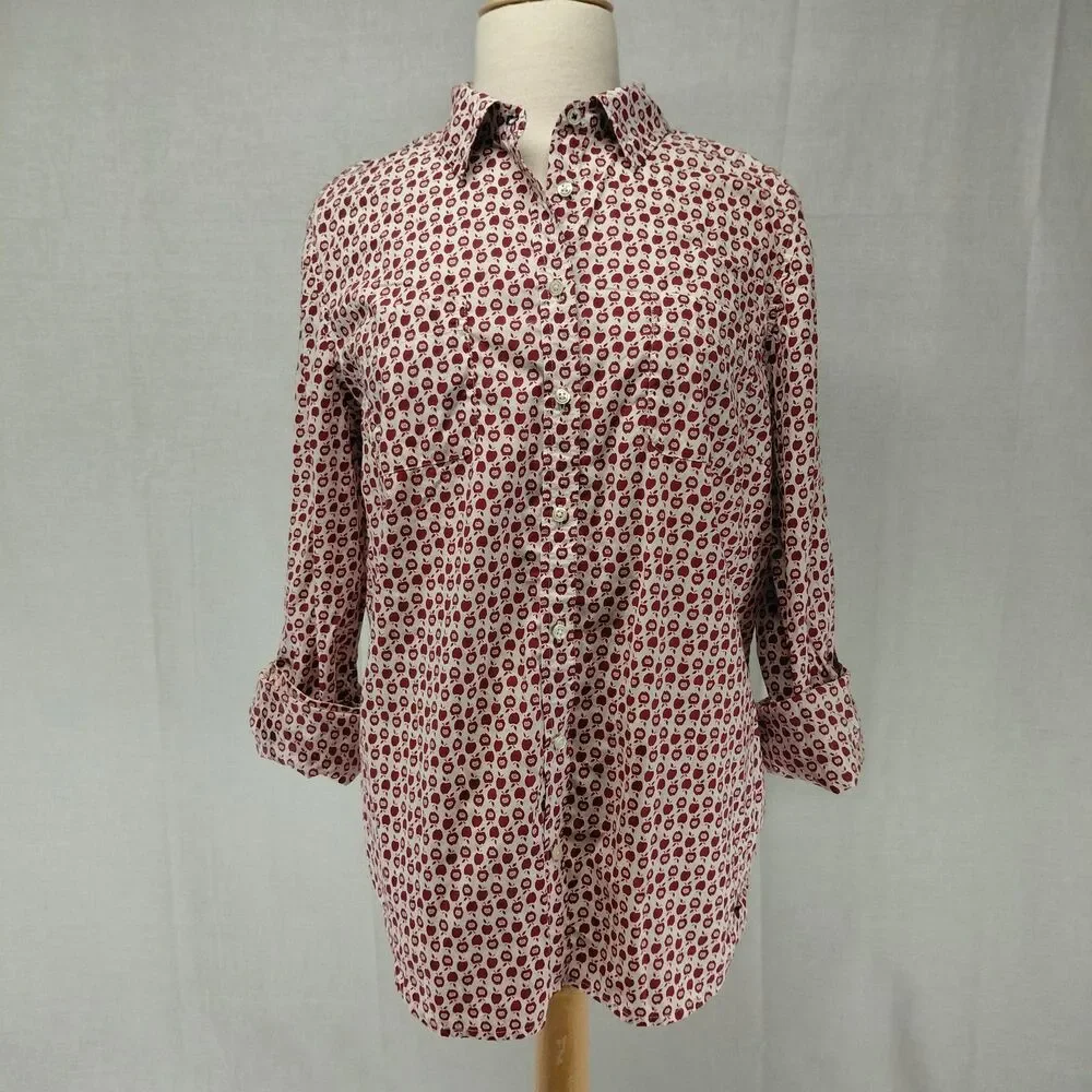 Talbots Apple Print Rolled LS Sleeve Button Down Blouse Red Size 16 - Picture 1 of 10